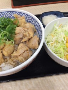 吉野家のおろし鶏丼と生野菜サラダの写真
